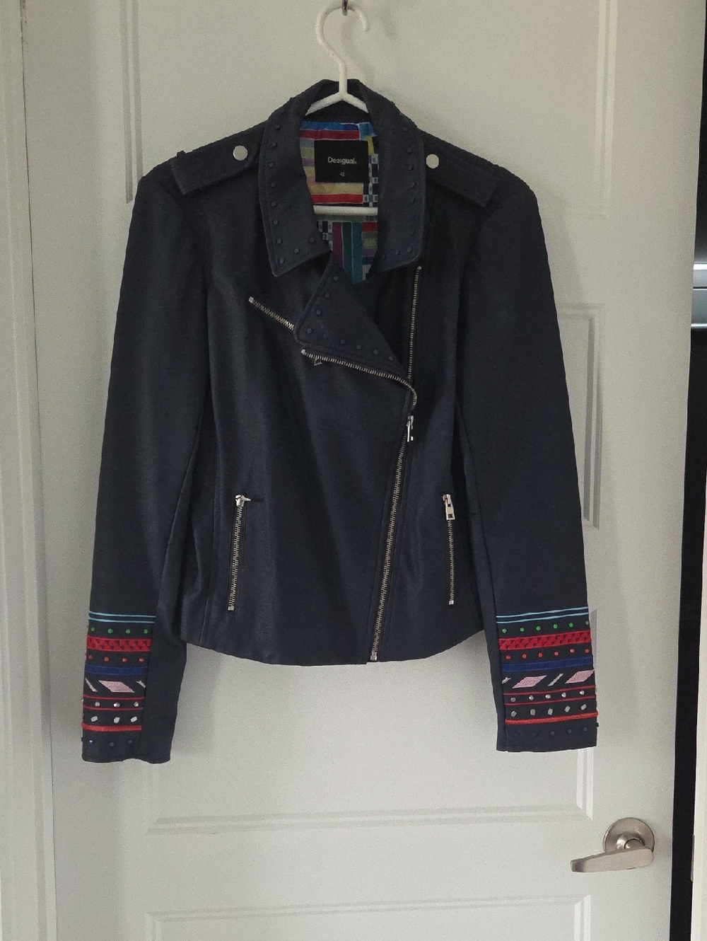 Desigual Navy Faux Leather Jacket with Colorful Embroidered Cuffs
